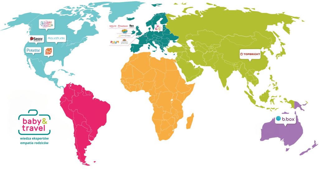 Kolorowa mapa świata, na kt&oacute;rej są zaznaczone marki w dystrybucji Baby&Travel