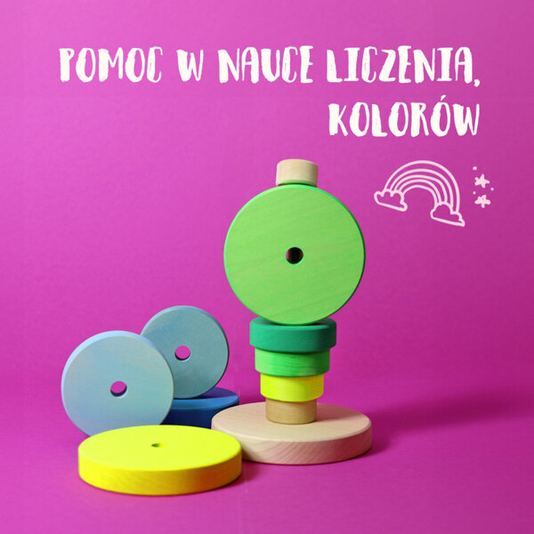 Grimm’s Wieża drewniana dla dzieci 10 krążków – wieża Montessori zabawka układanka Neon Green 1+