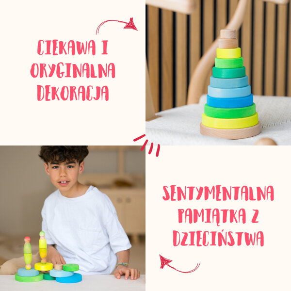 Grimm’s Wieża drewniana dla dzieci 10 krążków – wieża Montessori zabawka układanka Neon Green 1+