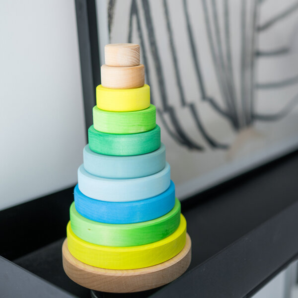 Grimm’s Wieża drewniana dla dzieci 10 krążków – wieża Montessori zabawka układanka Neon Green 1+