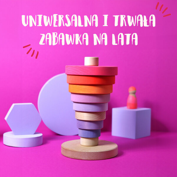 Grimm’s Wieża drewniana dla dzieci 10 krążków – wieża Montessori zabawka układanka Neon Pink 1+