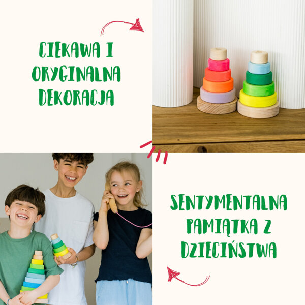 Grimm’s Wieża drewniana dla dzieci 6 krążków – wieża Montessori zabawka układanka Neon Green 1+