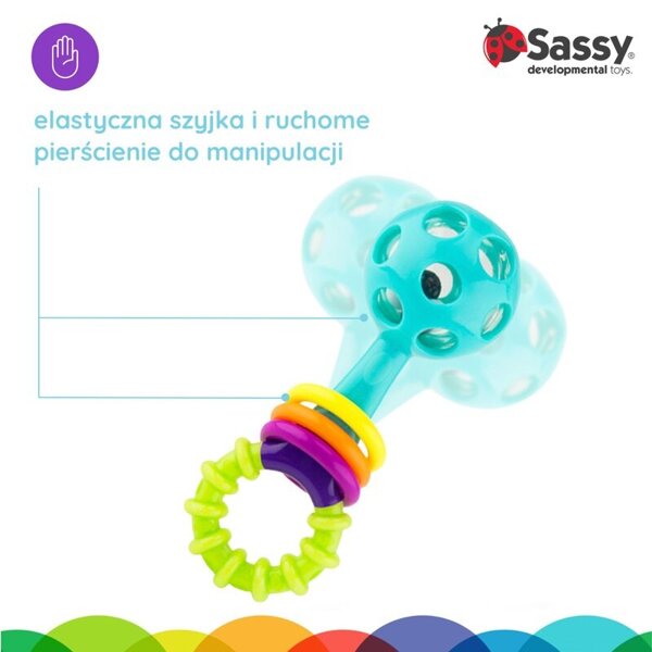 Grzechotka sztanga, zabawka sensoryczna, 0 m+, Sassy
