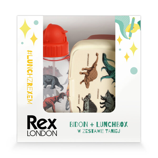 Rex London Zestaw śniadaniowy do szkoły lunchbox i bidon ze słomką 500 ml Dinozaury