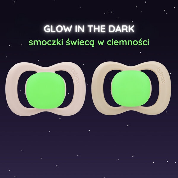 Smoczek dla niemowlaka 2 szt.– symetryczny smoczek silikonowy 6 mies.+ Glow in the dark róż/latte