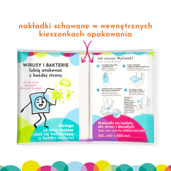 WuCetki Zestaw nakładki na toaletę dla dzieci i dorosłych – jednorazowe podkładki na sedes WC, wydłużone brzegi, 6 opakowań po 10 szt.