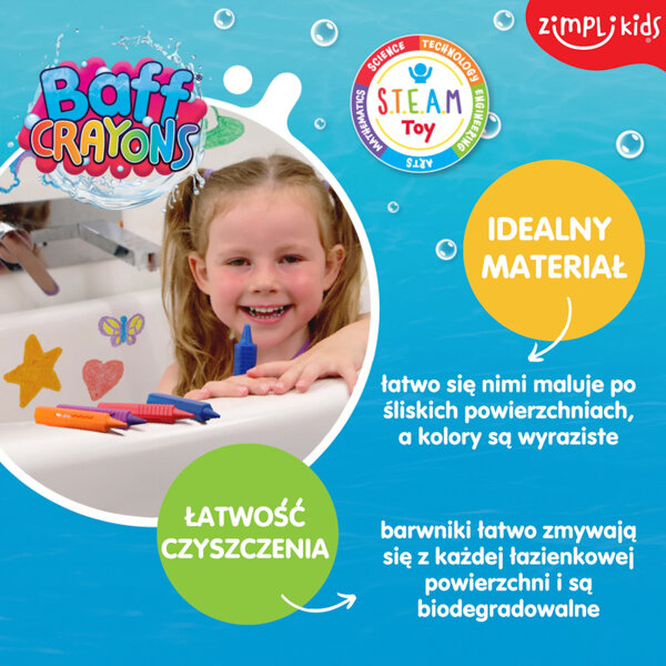 Zimpli Kids Kredki do kąpieli dla dzieci – malowanie wanny 6 kolorów Baff Crayons 3+