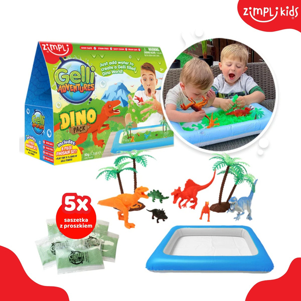 Zimpli Kids Magiczny proszek do wody zestaw do tworzenia gelli z figurkami i tacą Gelli Worlds Dino Pack 5 użyć  3+