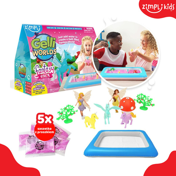 Zimpli Kids Magiczny proszek do wody – zestaw do tworzenia gelli z figurkami i tacą Gelli Worlds Fantasy Pack