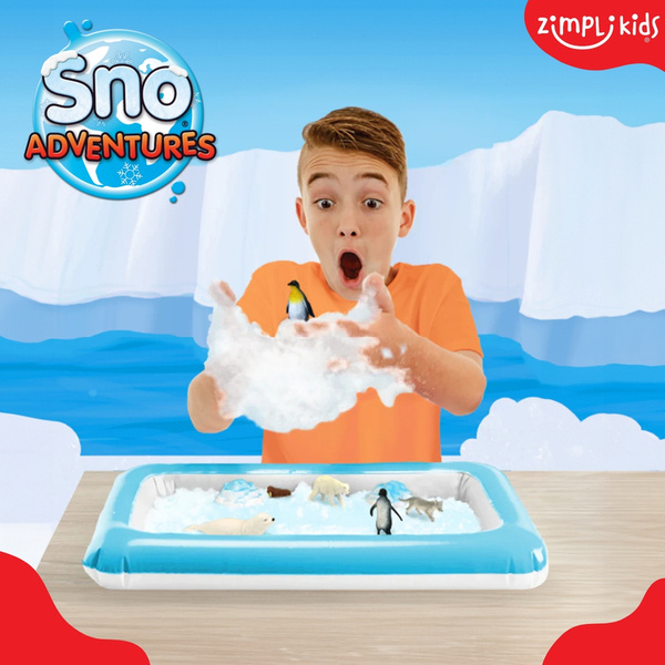 Zimpli Kids Sztuczny śnieg w proszku zestaw do tworzenia śniegu z figurkami zwierząt i nadmuchiwaną tacą Sno World Arctic Adventure 5 użyć 3+