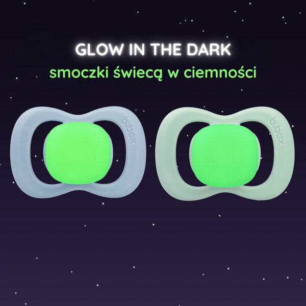 b.box Smoczek dla niemowlaka 2 szt.– symetryczny smoczek silikonowy 6 mies.+ Glow in the dark błękit/szałwia